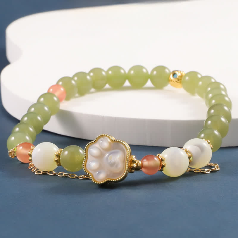 Buddha Stones Pulsera de la prosperidad con diseño de huella de gato y piedra Tridacna de jade Hetian natural - image 1