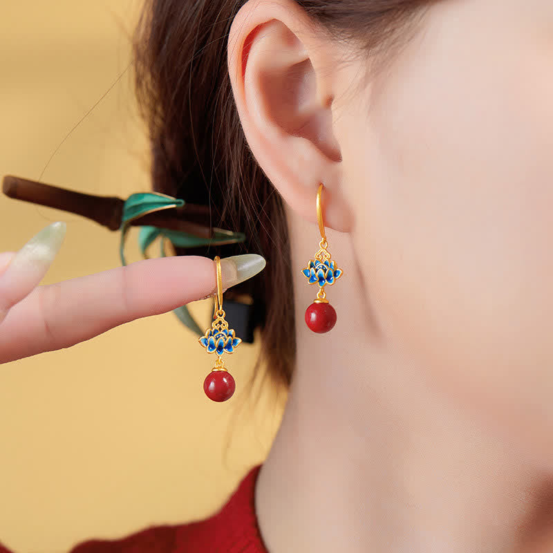 Buddha Stones Pendientes colgantes de loto esmaltados en plata de ley 925 con cinabrio - image 9