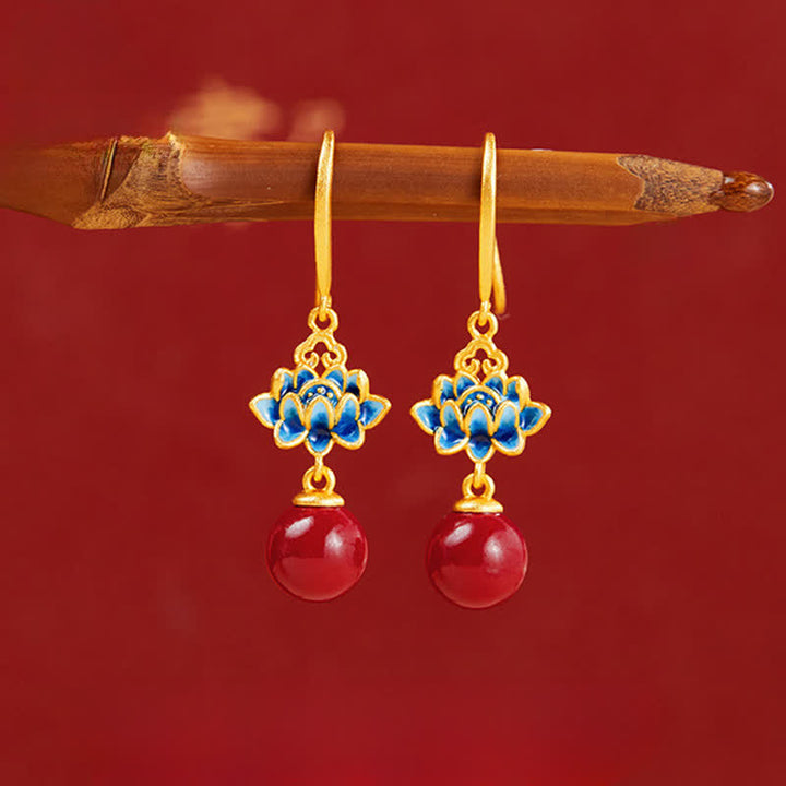 Buddha Stones Pendientes colgantes de loto esmaltados en plata de ley 925 con cinabrio - Loto (postes de plata de ley 925) - image 0