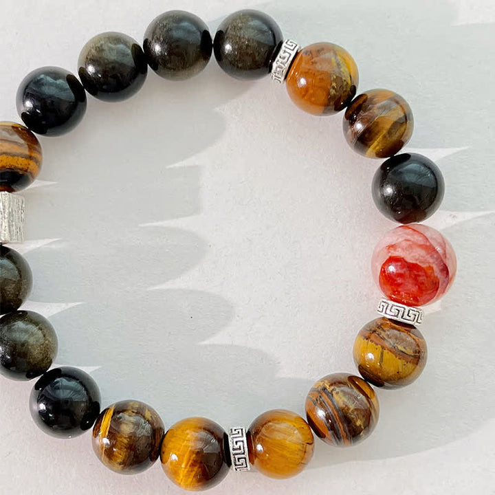 Buddha Stones Pulsera protectora de cuentas de cuarzo con inclusiones de obsidiana y brillo dorado ojo de tigre - image 2