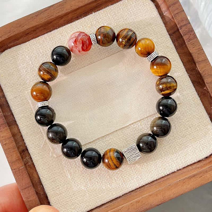 Buddha Stones Pulsera protectora de cuentas de cuarzo con inclusiones de obsidiana y brillo dorado ojo de tigre - Obsidiana con brillo dorado ojo de tigre (circunferencia de la muñeca: 16–17 cm) - image 0