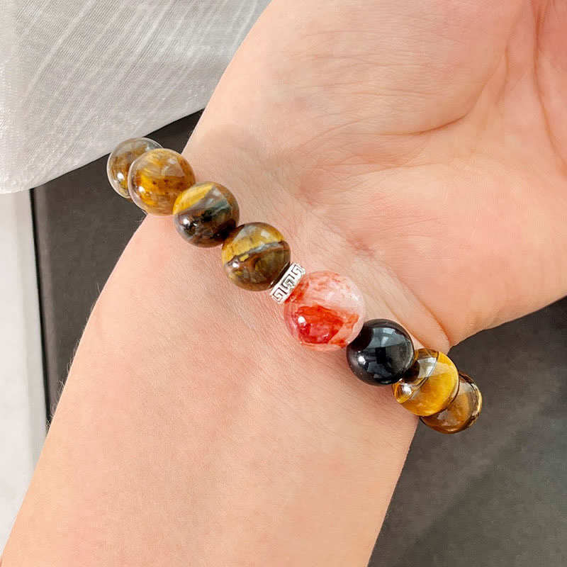 Buddha Stones Pulsera protectora de cuentas de cuarzo con inclusiones de obsidiana y brillo dorado ojo de tigre - image 10