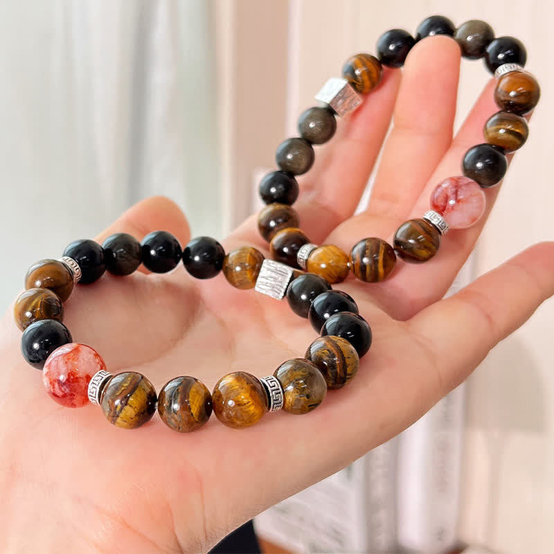 Buddha Stones Pulsera protectora de cuentas de cuarzo con inclusiones de obsidiana y brillo dorado ojo de tigre - image 12