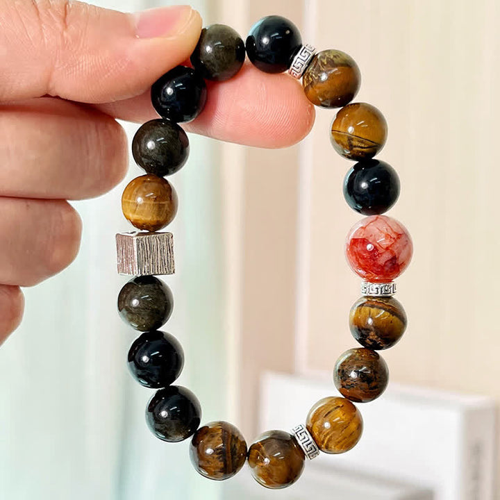 Buddha Stones Pulsera protectora de cuentas de cuarzo con inclusiones de obsidiana y brillo dorado ojo de tigre - image 4