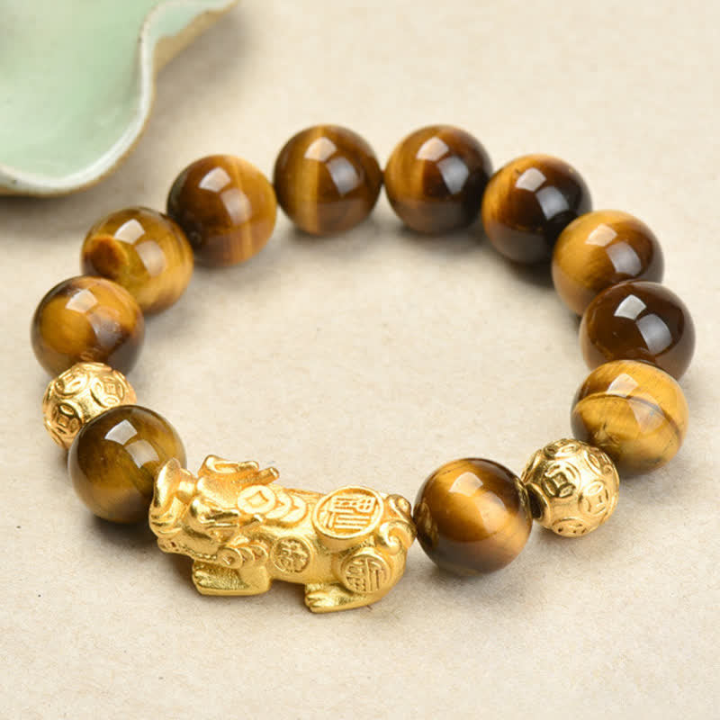 Buddha Stones Pulsera de cuentas de coraje con el personaje Pixiu Fu de ojo de tigre natural Om Mani Padme Hum - Pixiu con el carácter Fu del ojo de tigre amarillo (circunferencia de la muñeca: 17-18 cm) - image 0