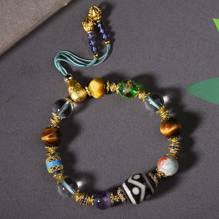 Buddha Stones Pulsera de salud con cuentas Dzi naturales de amatista y ojo de tigre - Cuentas Dzi (circunferencia de la muñeca: 16–17 cm) - image 0