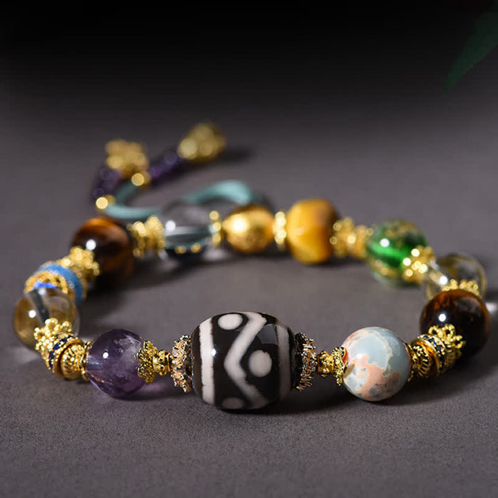 Buddha Stones Pulsera de salud con cuentas Dzi naturales de amatista y ojo de tigre - image 3