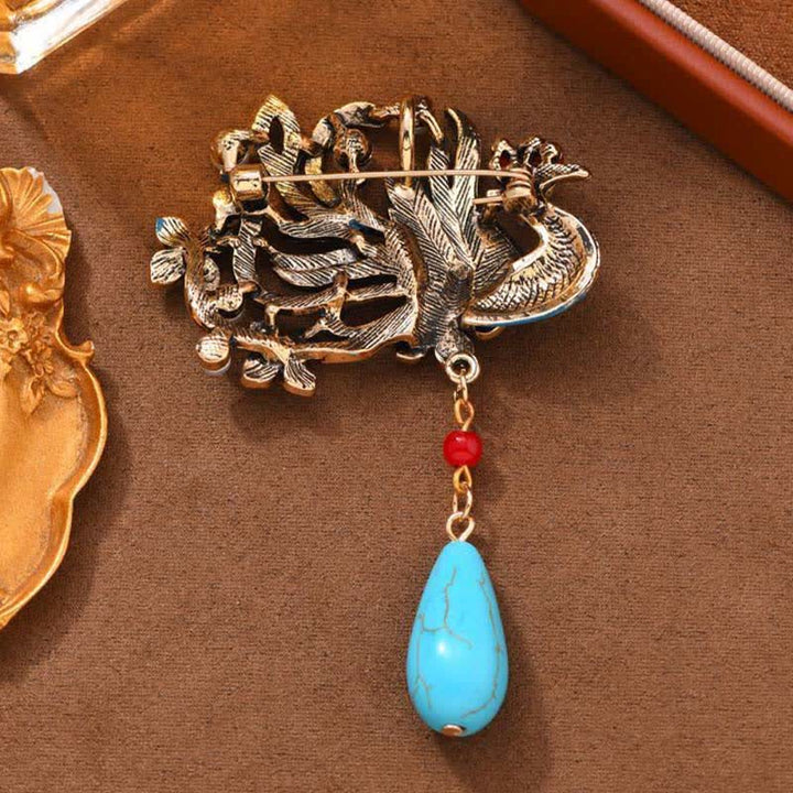 Buddha Stones Broche de perlas turquesas con forma de flor de fénix azul - image 4