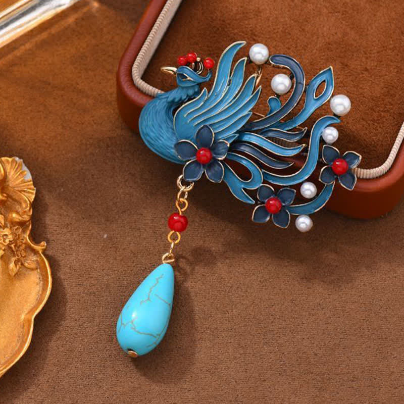 Buddha Stones Broche de perlas turquesas con forma de flor de fénix azul - image 3