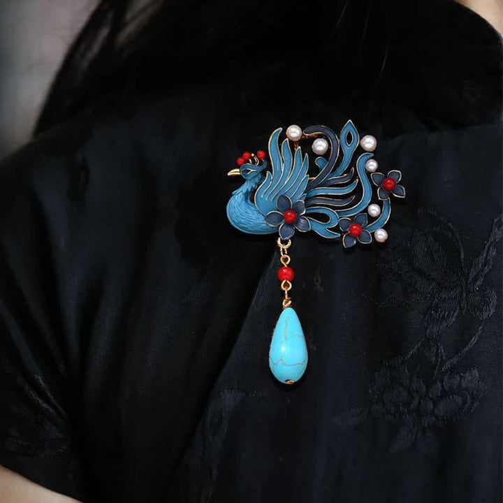 Buddha Stones Broche de perlas turquesas con forma de flor de fénix azul - Fénix azul 5,5*8,8 cm - image 0