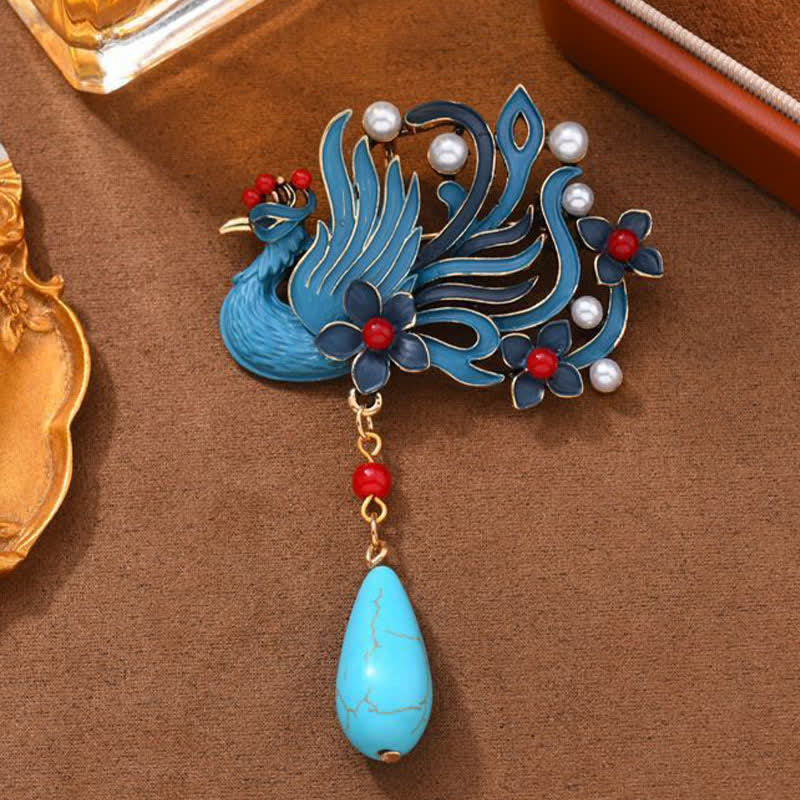 Buddha Stones Broche de perlas turquesas con forma de flor de fénix azul - image 1