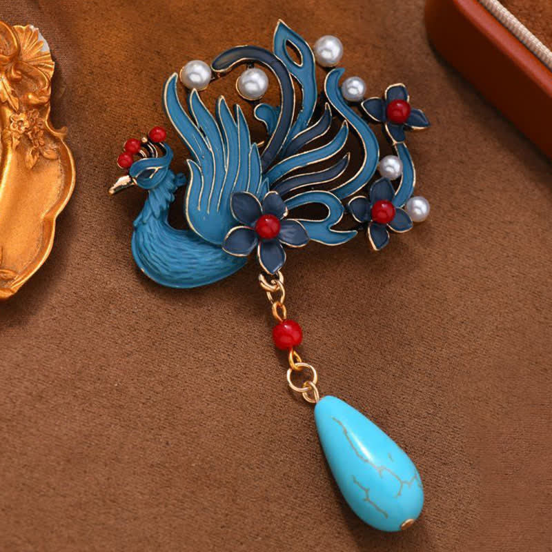 Buddha Stones Broche de perlas turquesas con forma de flor de fénix azul - image 2