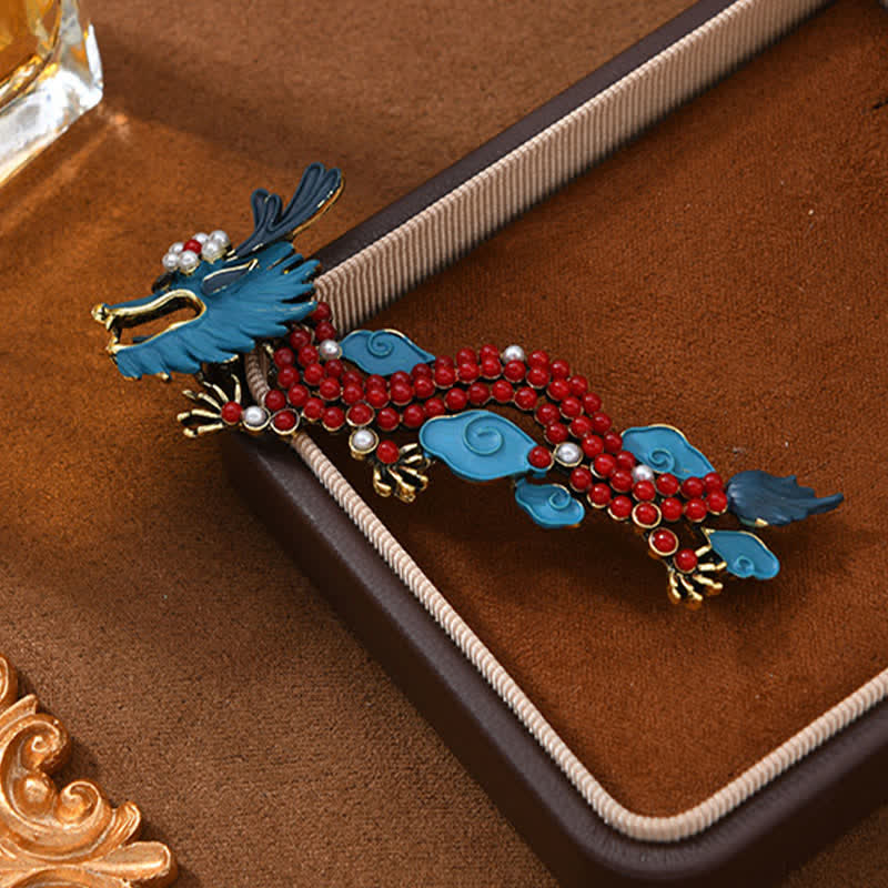 Buddha Stones Broche de la suerte de dragón azul y turquesa roja - image 1