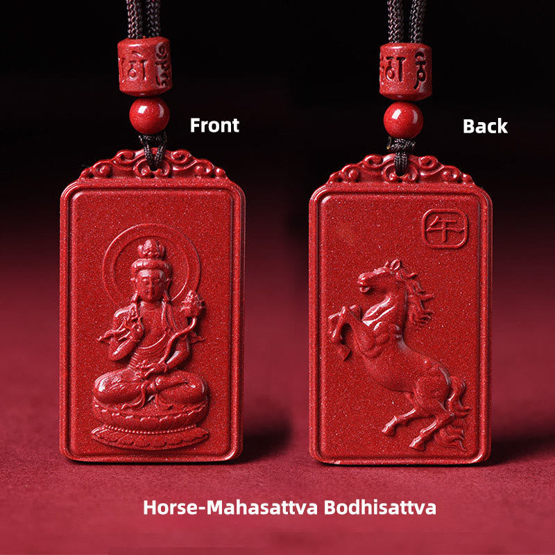 Buddha Stones Colgante de collar con la bendición del Buda natal del zodíaco chino de cinabrio - Bodhisattva Mahasattva del caballo - 19*34 mm - image 0