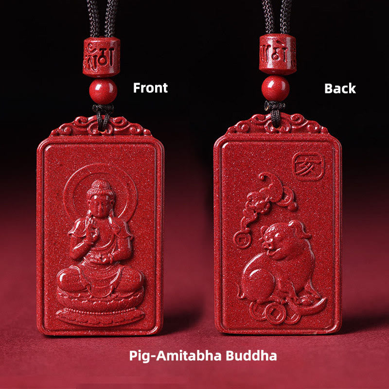 Buddha Stones Colgante de collar con la bendición del Buda natal del zodíaco chino de cinabrio - Buda Amitabha-cerdo - 19*34 mm - image 23