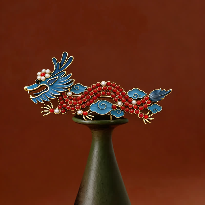 Buddha Stones Broche de la suerte de dragón azul y turquesa roja - Dragón azul 7,4*3,3 cm - image 0