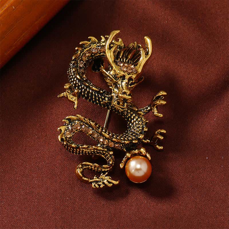 Buddha Stones Broche de fuerza de perla con dragón dominante - Dragón de champán dorado 2,4*5 cm - image 0