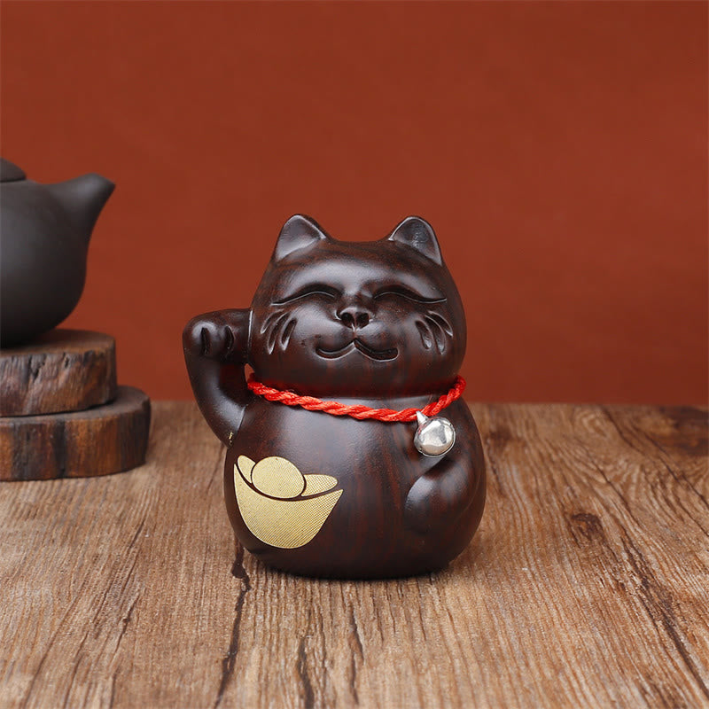 Buddha Stones Mini gato de la suerte, adorno de madera tallada en ébano, 8 cm - Lingote de gato - 8 cm (El color y el tamaño pueden variar) - image 3