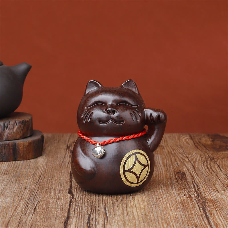 Buddha Stones Mini gato de la suerte, adorno de madera tallada en ébano, 8 cm - Moneda de gato - 8 cm (El color y el tamaño pueden variar) - image 5