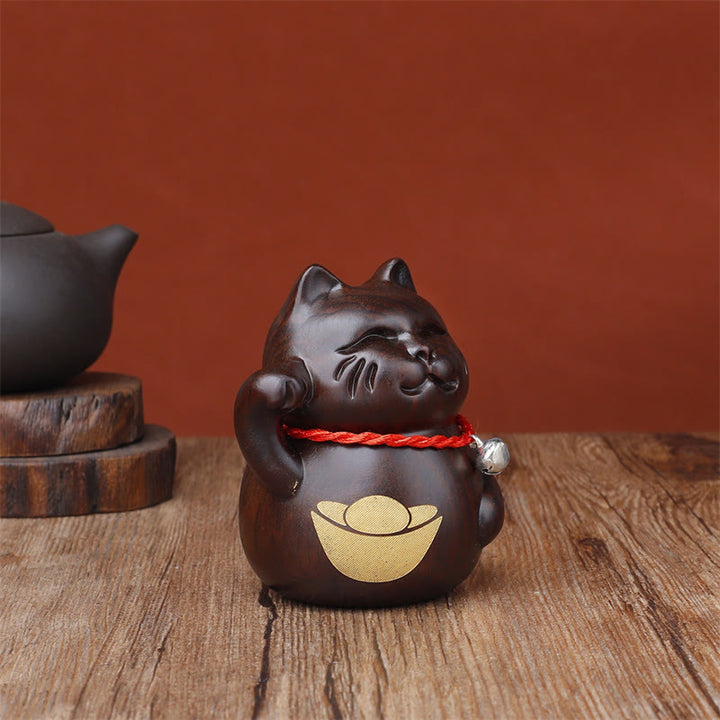 Buddha Stones Mini gato de la suerte, adorno de madera tallada en ébano, 8 cm - image 4