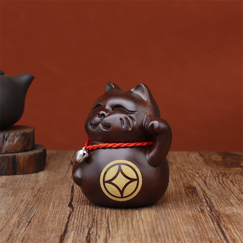 Buddha Stones Mini gato de la suerte, adorno de madera tallada en ébano, 8 cm - image 6