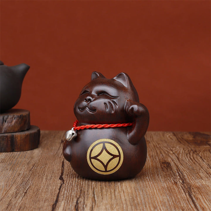 Buddha Stones Mini gato de la suerte, adorno de madera tallada en ébano, 8 cm - image 6