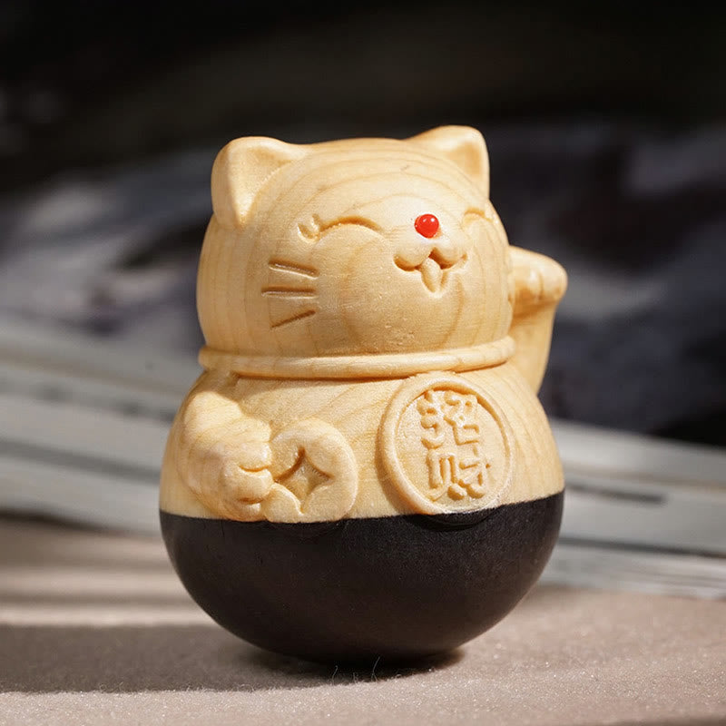 Buddha Stones Mini gato de la suerte para atraer la riqueza, tallado en madera de haya ébano, decoración protectora de 4,7*4 cm. - image 2