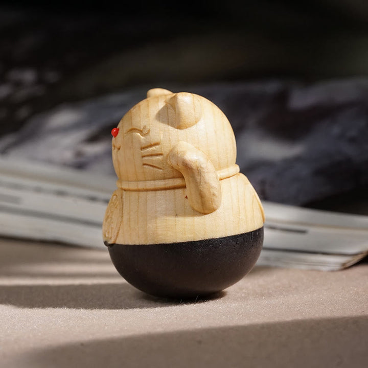 Buddha Stones Mini gato de la suerte para atraer la riqueza, tallado en madera de haya ébano, decoración protectora de 4,7*4 cm. - image 3