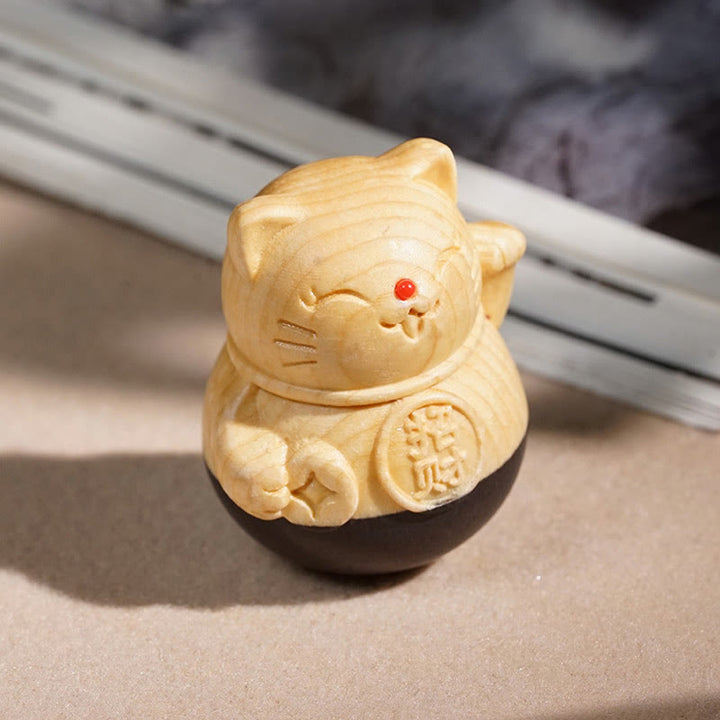 Buddha Stones Mini gato de la suerte para atraer la riqueza, tallado en madera de haya ébano, decoración protectora de 4,7*4 cm. - image 4