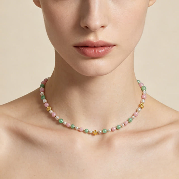 Buddha Stones Collar de la paz con cuentas de perlas de cuarzo rosa natural verde fresa - image 10