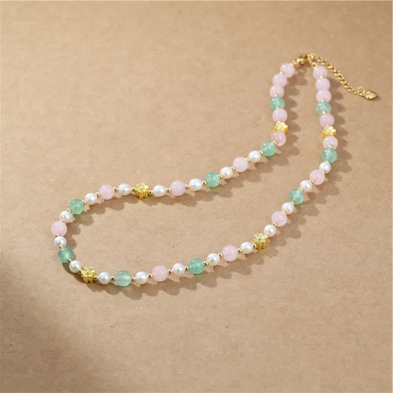 Buddha Stones Collar de la paz con cuentas de perlas de cuarzo rosa natural verde fresa - image 2