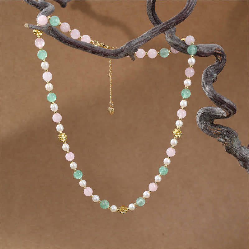 Buddha Stones Collar de la paz con cuentas de perlas de cuarzo rosa natural verde fresa - image 1