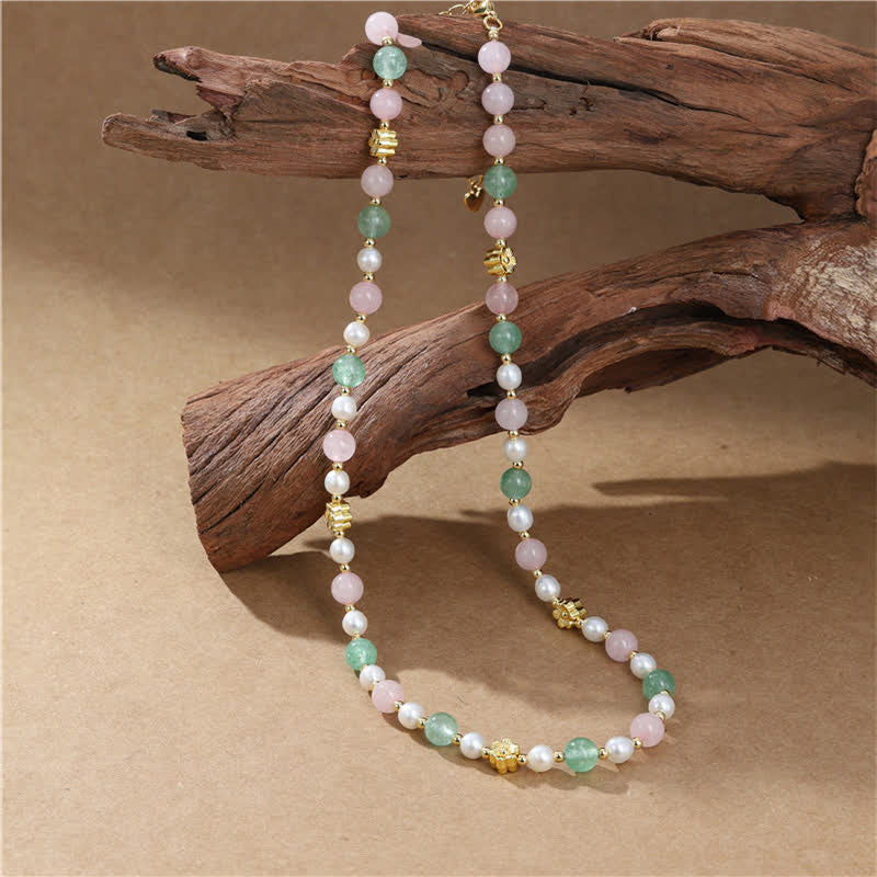 Buddha Stones Collar de la paz con cuentas de perlas de cuarzo rosa natural verde fresa - image 9