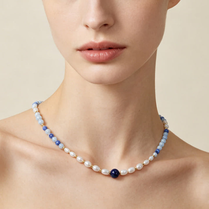 Buddha Stones Collar con concentración de perlas, lapislázuli y aventurina azul natural - image 8