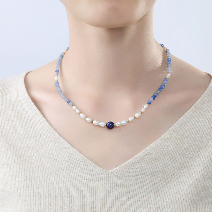 Buddha Stones Collar con concentración de perlas, lapislázuli y aventurina azul natural - image 4