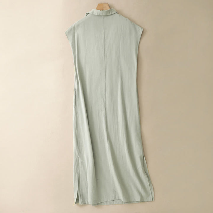 Buddha Stones Vestido de verano minimalista sin mangas para mujer con abertura lateral y bolsillo. - image 1