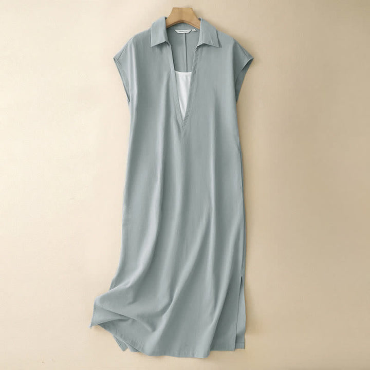 Buddha Stones Vestido de verano minimalista sin mangas para mujer con abertura lateral y bolsillo. - cian claro - US14，UK/AU18，EU46 (2XL) - image 10