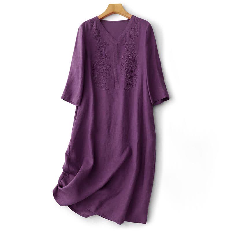 Buddha Stones Vestido de verano para mujer de manga corta, liso, con bordados y bolsillos. - RebeccaPurple - US12, UK/AU16, EU44 (2XL) - image 0