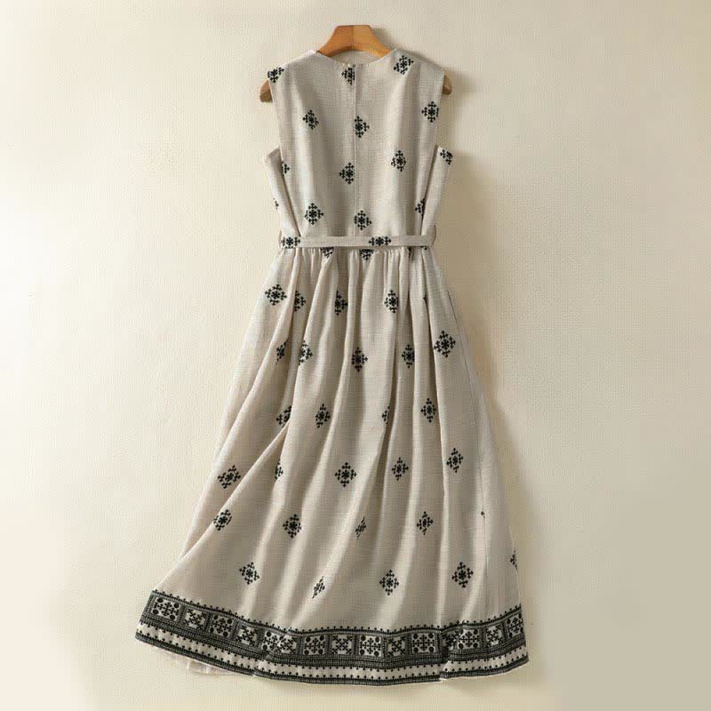 Buddha Stones Vestido de verano bohemio para mujer con cordón ajustable, estampado geométrico, sin mangas y bolsillos. - image 1