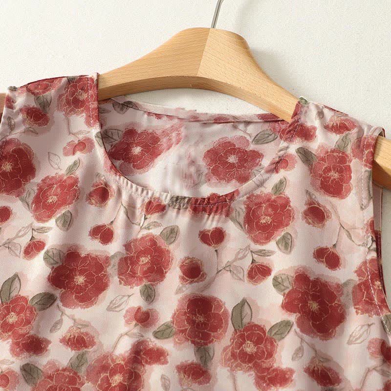 Buddha Stones Vestido de verano sin mangas de gasa con estampado floral y bolsillos para mujer. - image 1