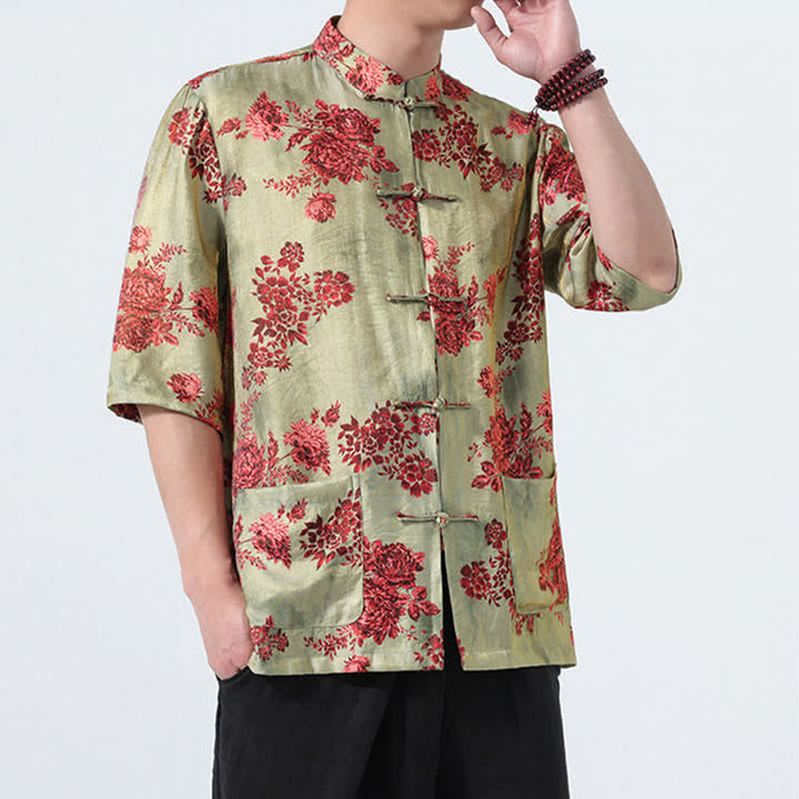 Buddha Stones Camisas de manga tres cuartos para hombre con cuello mandarín, botones de rana y estampado floral, estilo Summer Tang, para verano. - image 7