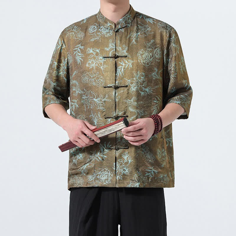 Buddha Stones Camisas de manga tres cuartos para hombre con cuello mandarín, botones de rana y estampado floral, estilo Summer Tang, para verano. - image 13