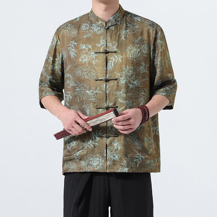 Buddha Stones Camisas de manga tres cuartos para hombre con cuello mandarín, botones de rana y estampado floral, estilo Summer Tang, para verano. - image 13