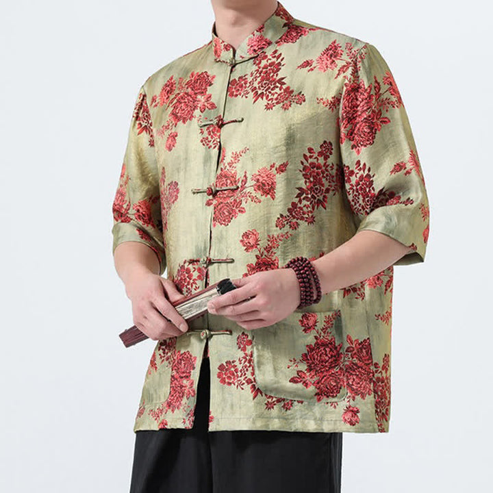 Buddha Stones Camisas de manga tres cuartos para hombre con cuello mandarín, botones de rana y estampado floral, estilo Summer Tang, para verano. - image 4