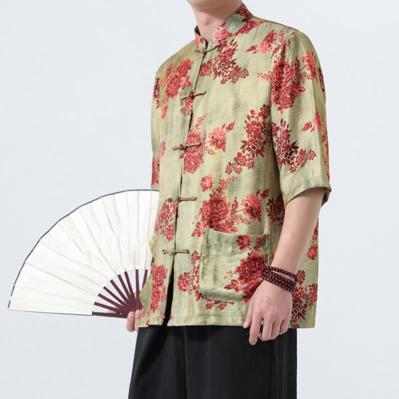 Buddha Stones Camisas de manga tres cuartos para hombre con cuello mandarín, botones de rana y estampado floral, estilo Summer Tang, para verano. - image 5