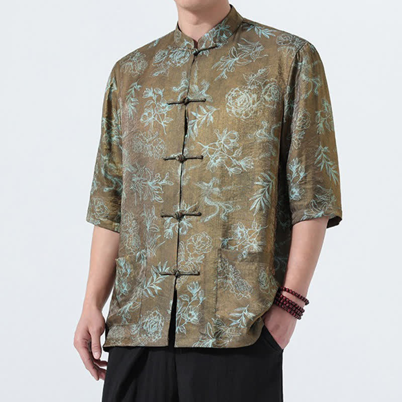 Buddha Stones Camisas de manga tres cuartos para hombre con cuello mandarín, botones de rana y estampado floral, estilo Summer Tang, para verano. - Verde mar oscuro - US/UK/AU46, EU56 (5XL) - image 11