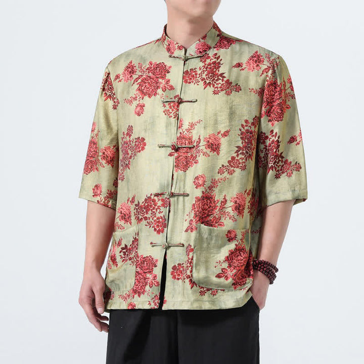 Buddha Stones Camisas de manga tres cuartos para hombre con cuello mandarín, botones de rana y estampado floral, estilo Summer Tang, para verano. - image 6
