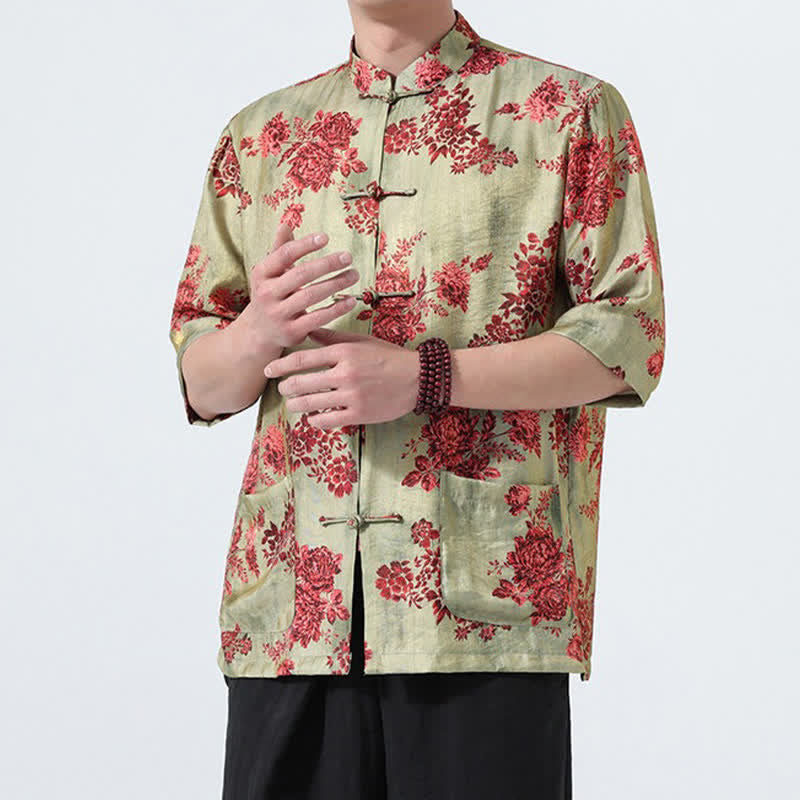 Buddha Stones Camisas de manga tres cuartos para hombre con cuello mandarín, botones de rana y estampado floral, estilo Summer Tang, para verano. - image 3