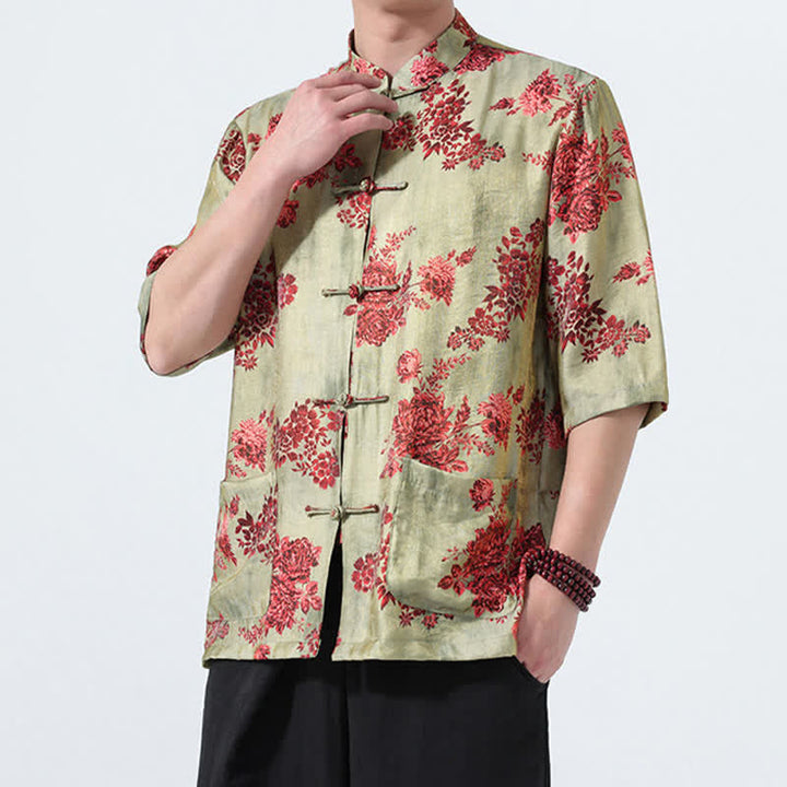 Buddha Stones Camisas de manga tres cuartos para hombre con cuello mandarín, botones de rana y estampado floral, estilo Summer Tang, para verano. - image 2