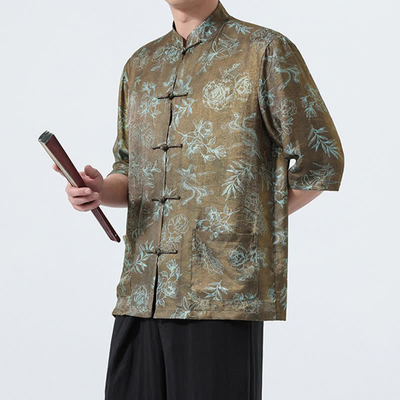 Buddha Stones Camisas de manga tres cuartos para hombre con cuello mandarín, botones de rana y estampado floral, estilo Summer Tang, para verano. - image 12